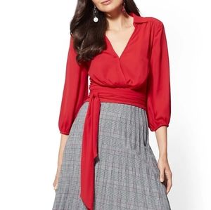 NY & Co Red XS Wrap Blouse Side Zipper V-neck Self Tie Wrap Round Belt